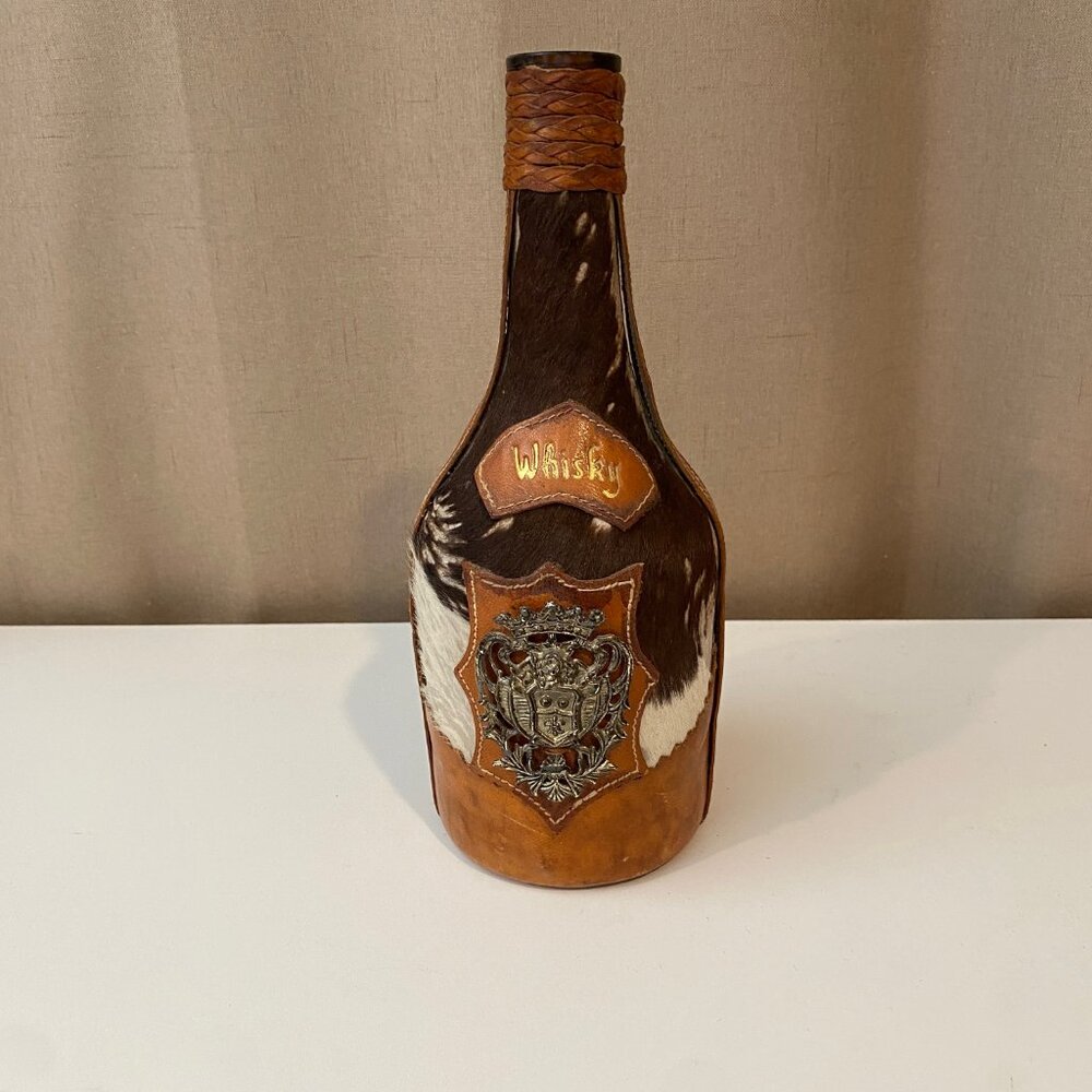 Vintage‎ Leather and Cowhide Wrapped Whiskey Bottle 9.5" Decorative Barware